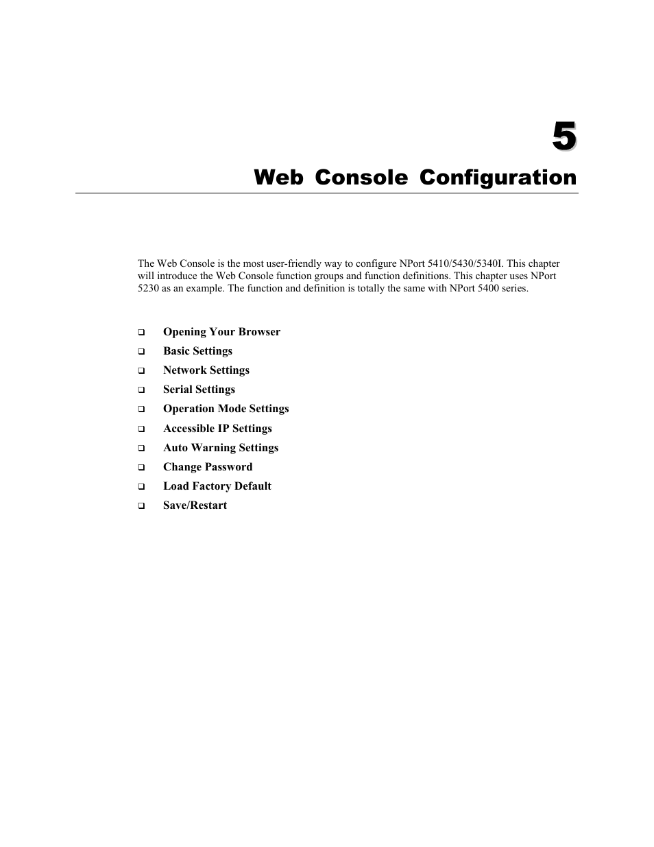 Chapter 5, Web console configuration -1, Web console configuration | Moxa Technologies 5400 User Manual | Page 27 / 96