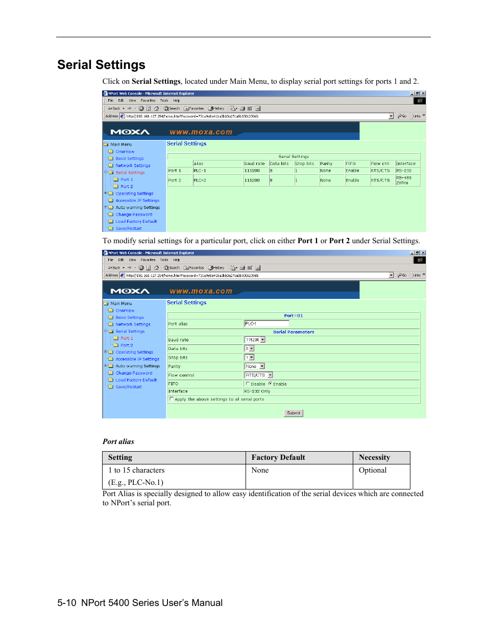 Serial settings -10, Serial settings | Moxa Technologies 5400 User Manual | Page 36 / 96