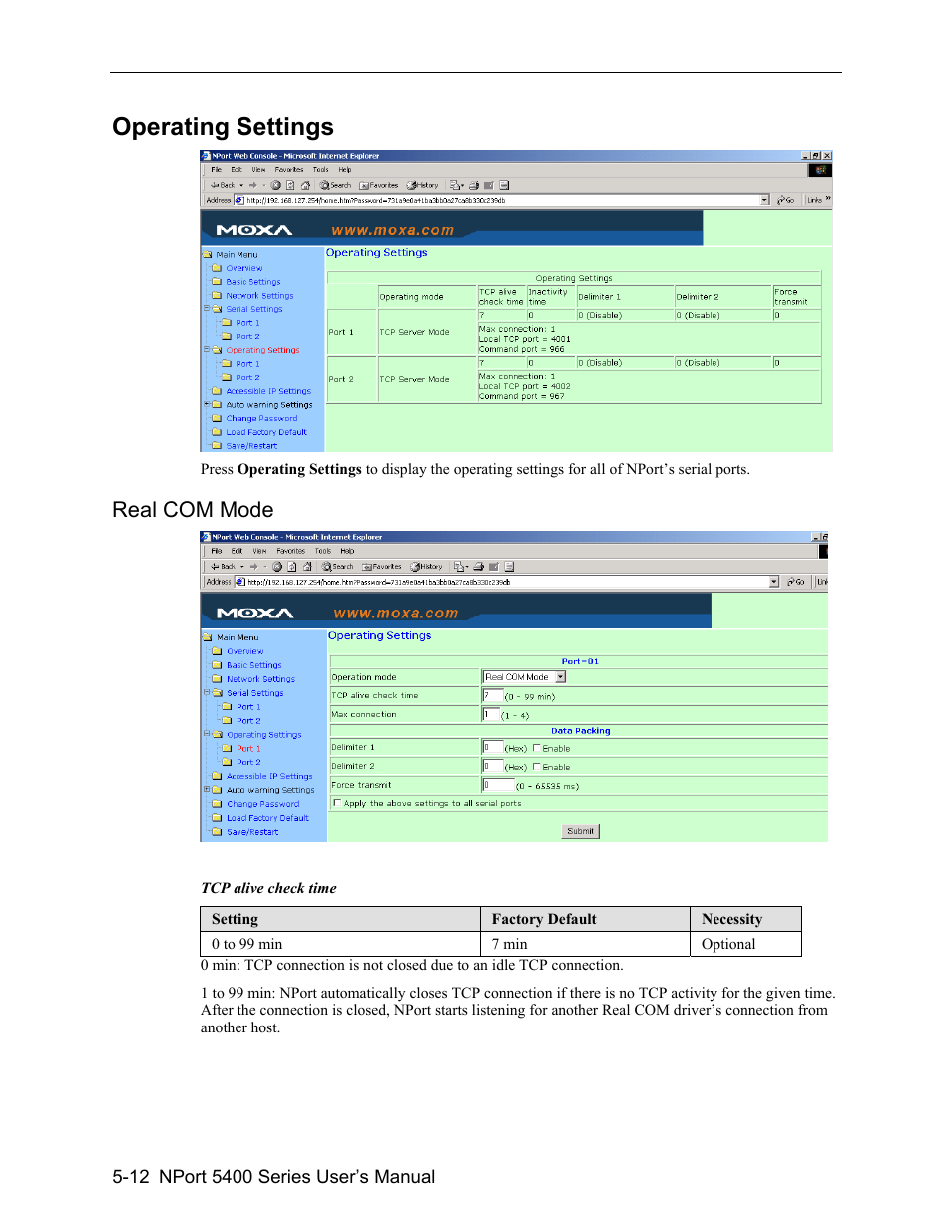 Operating settings -12, Real com mode -12, Operating settings | Real com mode | Moxa Technologies 5400 User Manual | Page 38 / 96