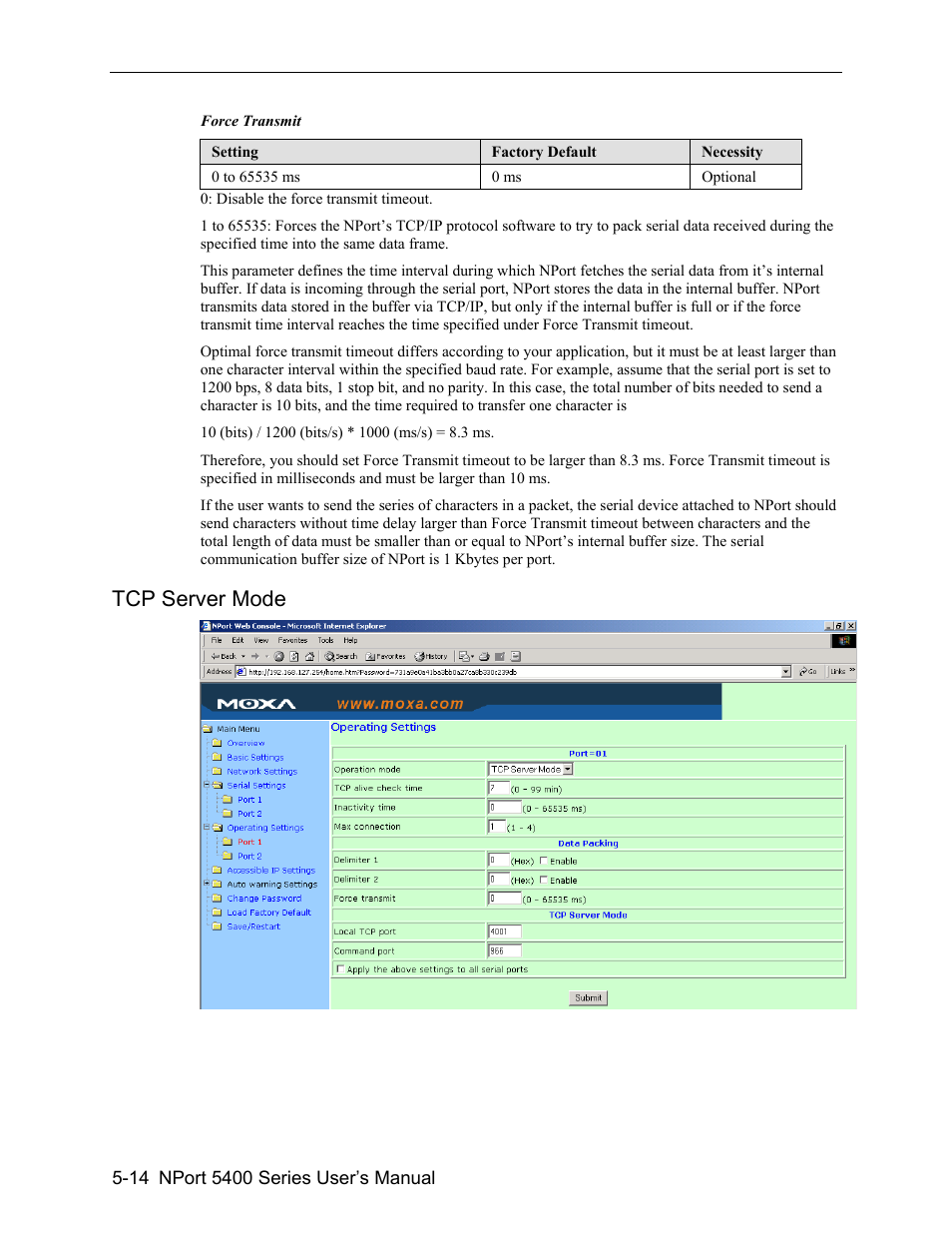 Tcp server mode -14, Tcp server mode | Moxa Technologies 5400 User Manual | Page 40 / 96