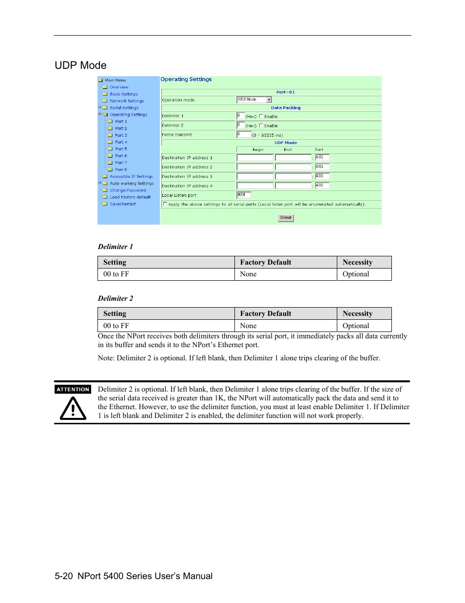 Udp mode -20, Udp mode | Moxa Technologies 5400 User Manual | Page 46 / 96