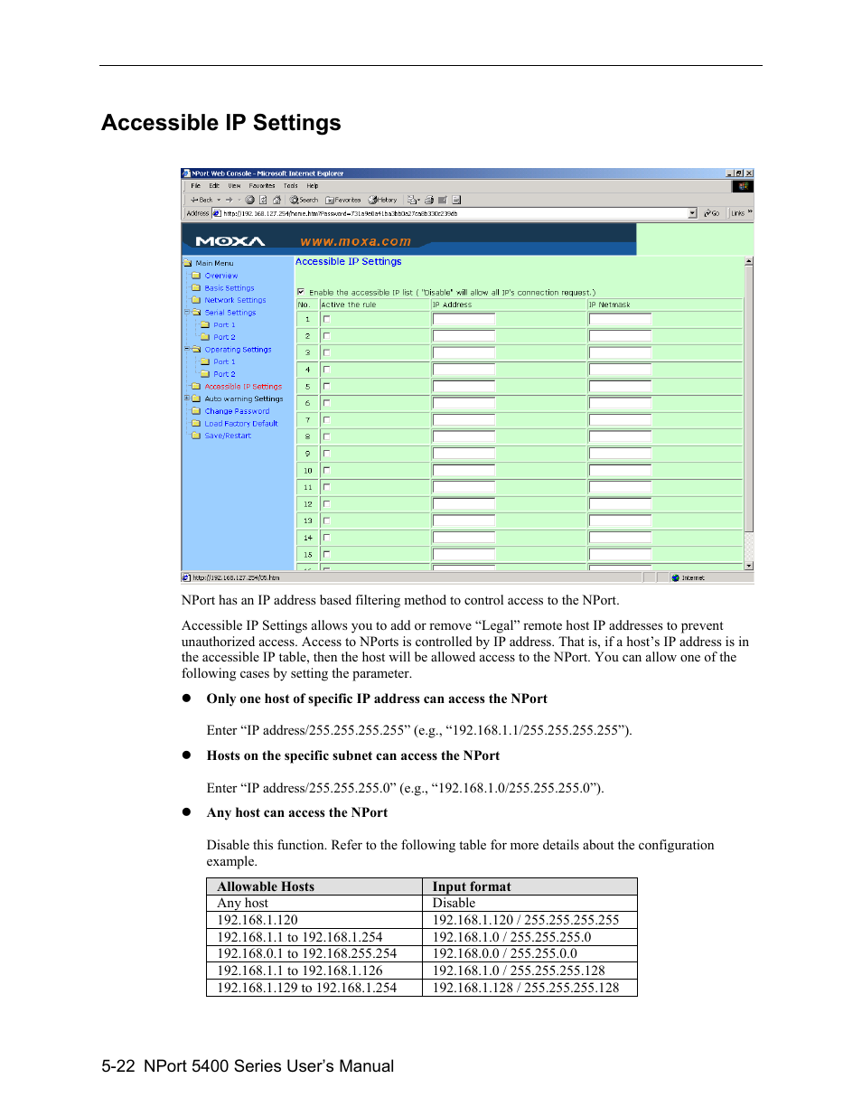 Accessible ip settings -22, Accessible ip settings | Moxa Technologies 5400 User Manual | Page 48 / 96