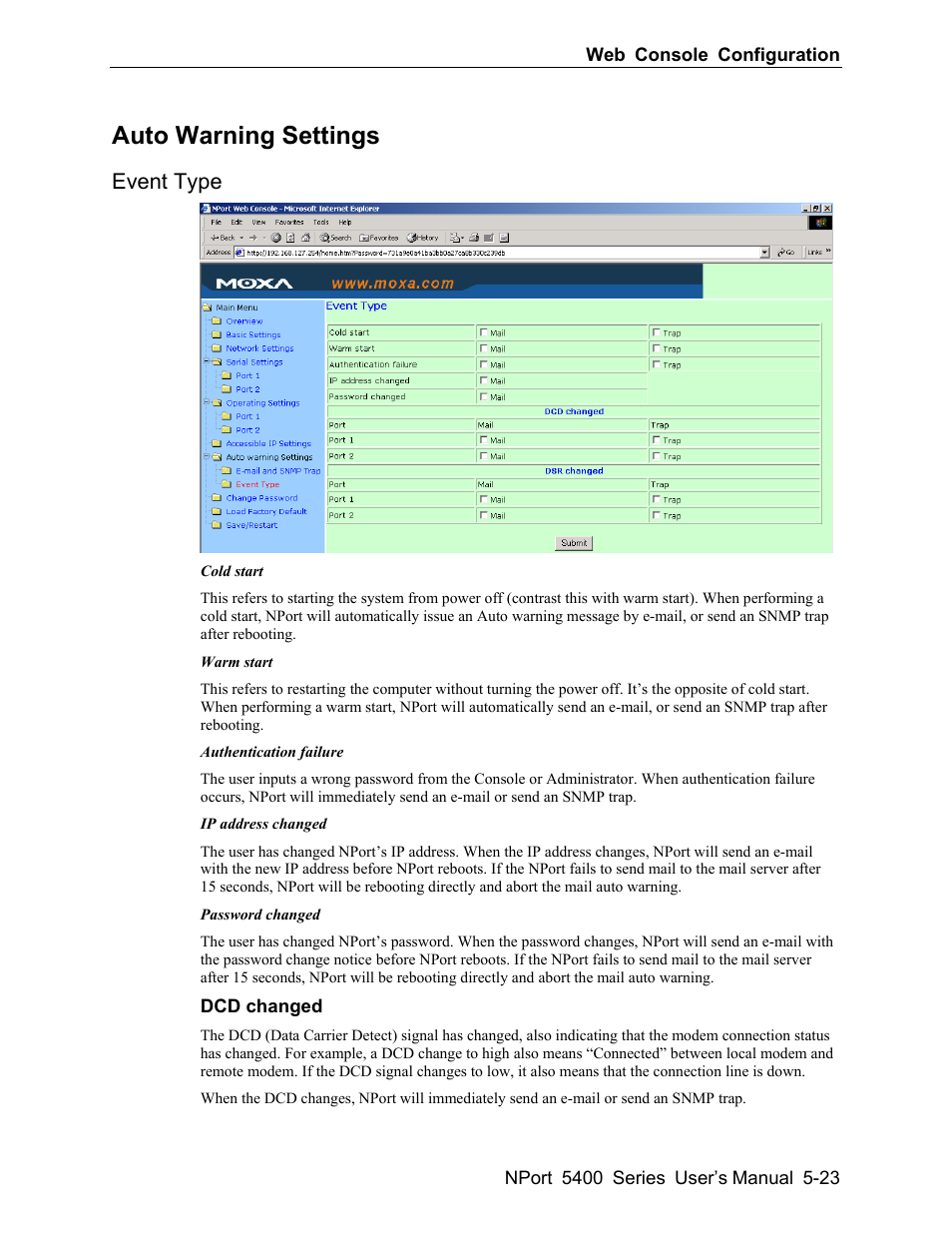 Auto warning settings -23, Event type -23, Auto warning settings | Event type | Moxa Technologies 5400 User Manual | Page 49 / 96