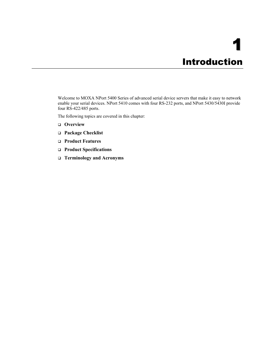 Chapter 1, Introduction -1, Introduction | Moxa Technologies 5400 User Manual | Page 5 / 96