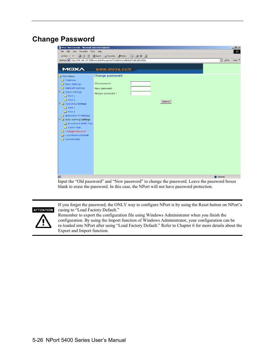 Change password -26, Change password | Moxa Technologies 5400 User Manual | Page 52 / 96