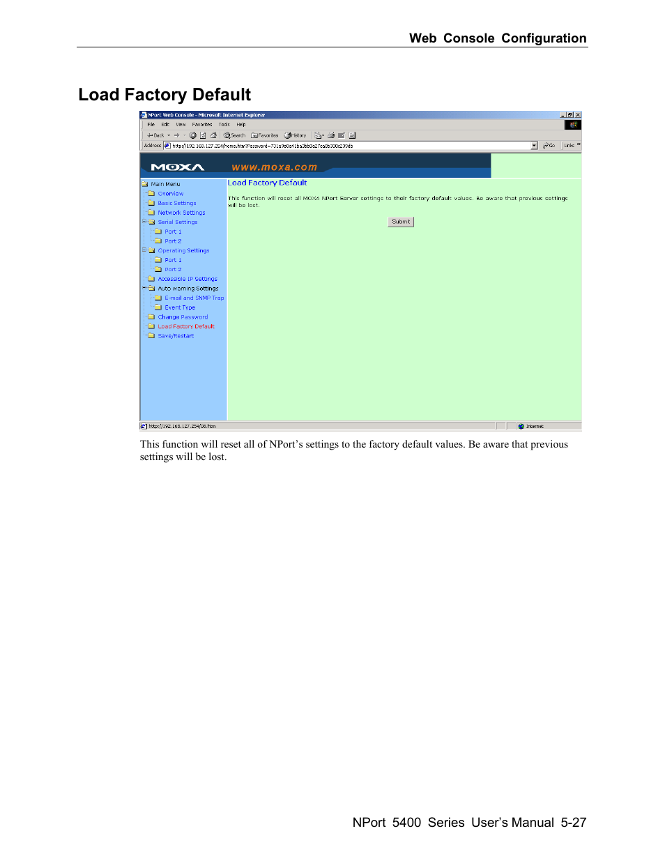 Load factory default -27, Load factory default | Moxa Technologies 5400 User Manual | Page 53 / 96