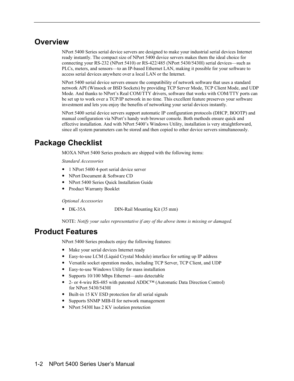 Overview -2, Package checklist -2, Product features -2 | Overview, Package checklist, Product features | Moxa Technologies 5400 User Manual | Page 6 / 96