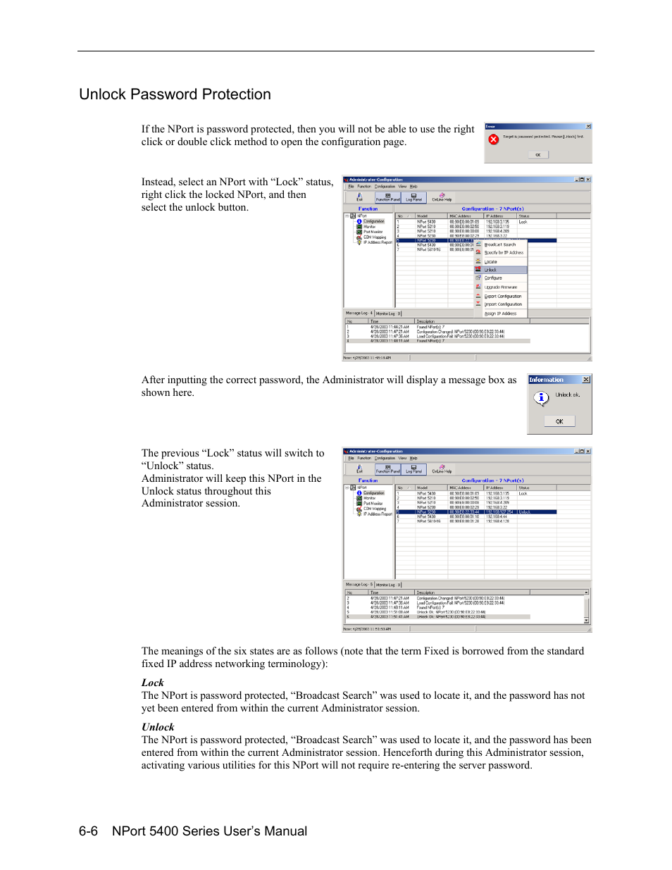 Unlock password protection -6, Unlock password protection | Moxa Technologies 5400 User Manual | Page 60 / 96