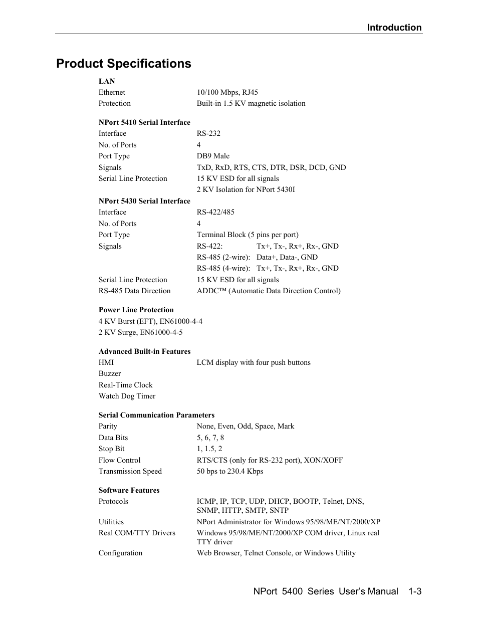 Product specifications -3, Product specifications, Introduction | Nport 5400 series user’s, Manual 1-3 | Moxa Technologies 5400 User Manual | Page 7 / 96