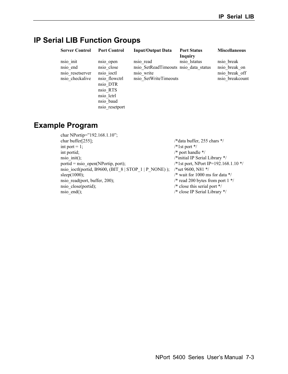 Ip serial lib function groups -3, Example program -3, Ip serial lib function groups | Example program | Moxa Technologies 5400 User Manual | Page 77 / 96