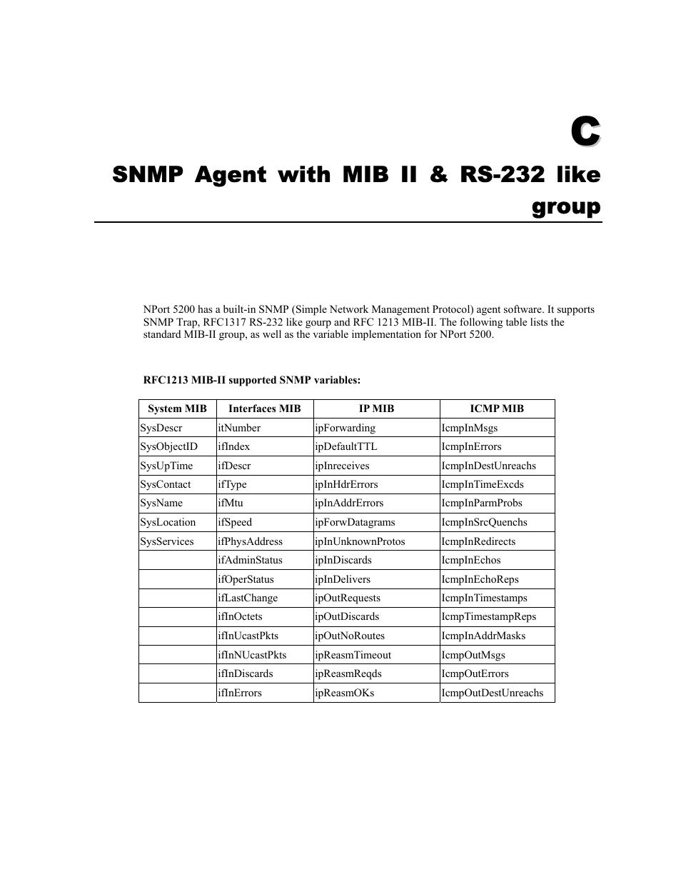 Appendix c, Snmp agent with mib ii & rs-232 like group | Moxa Technologies 5400 User Manual | Page 85 / 96