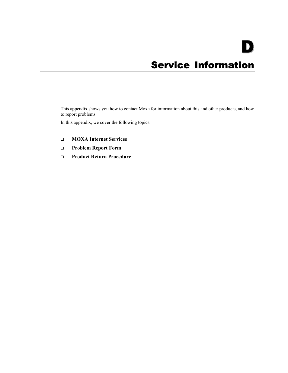 Appendix d, Service information | Moxa Technologies 5400 User Manual | Page 89 / 96