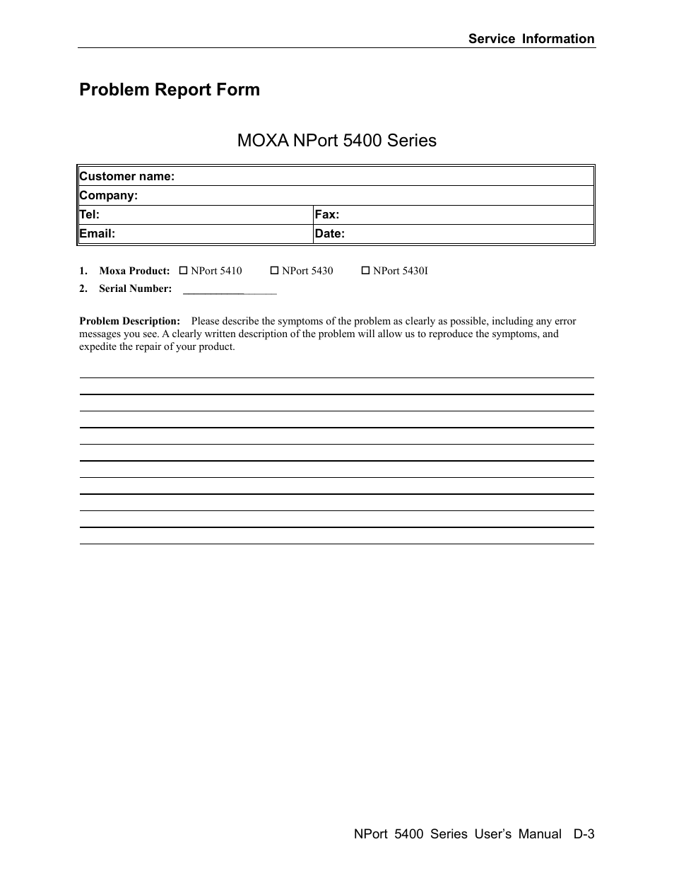 Problem report form moxa nport 5400 series | Moxa Technologies 5400 User Manual | Page 91 / 96