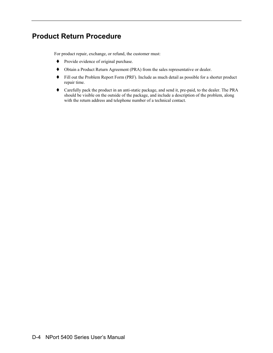 Product return procedure | Moxa Technologies 5400 User Manual | Page 92 / 96