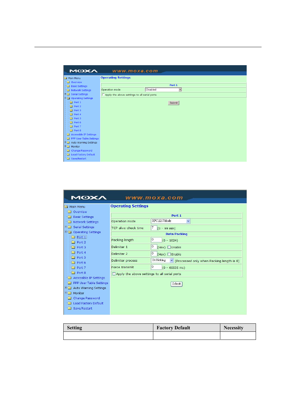 Disabled mode, Rfc2217 mode, Disabled mode -28 | Rfc2217 mode -28 | Moxa Technologies NPort 5600 User Manual | Page 58 / 119