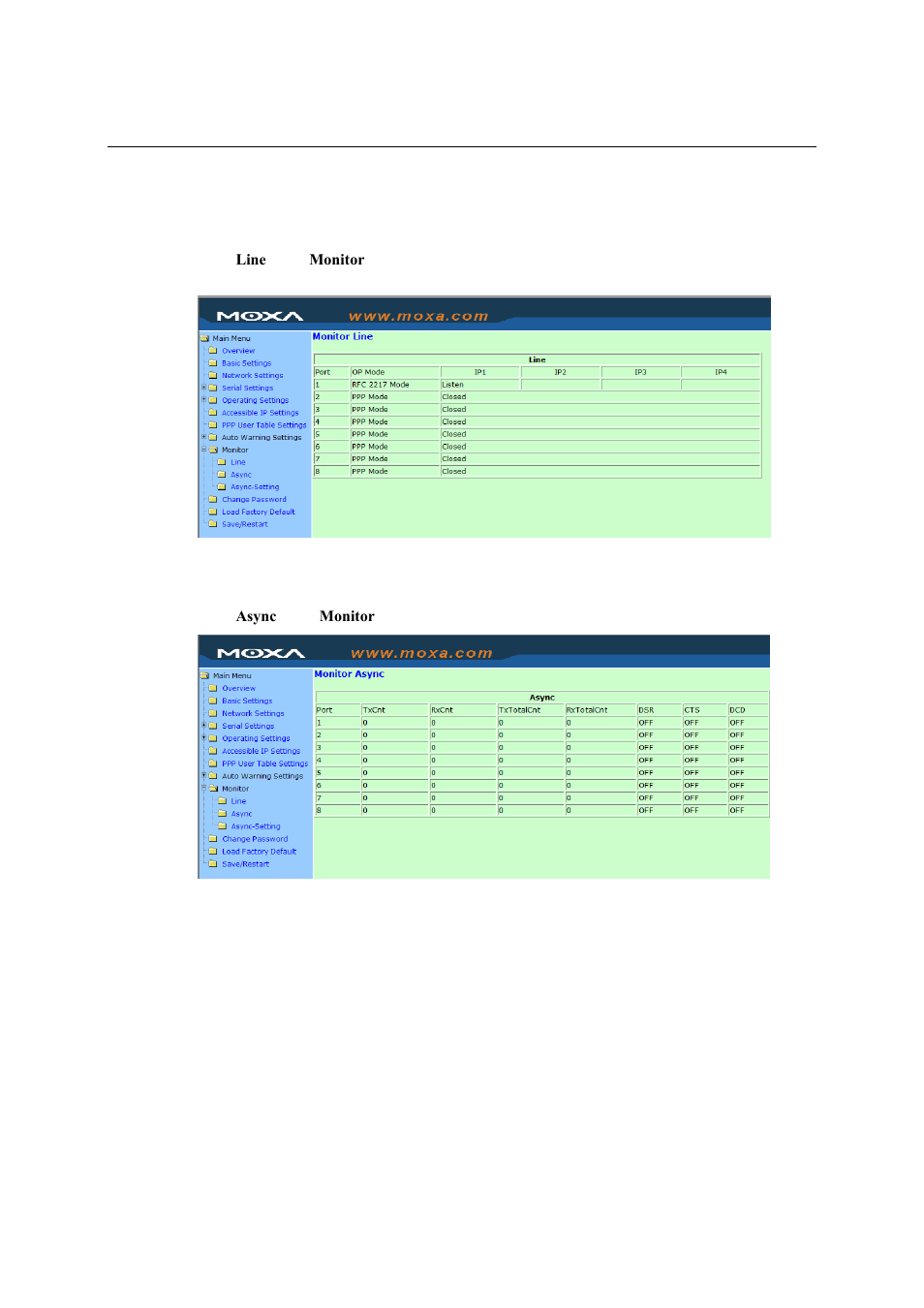 Monitor, Monitor line, Monitor async | Monitor line -36, Monitor async -36 | Moxa Technologies NPort 5600 User Manual | Page 66 / 119