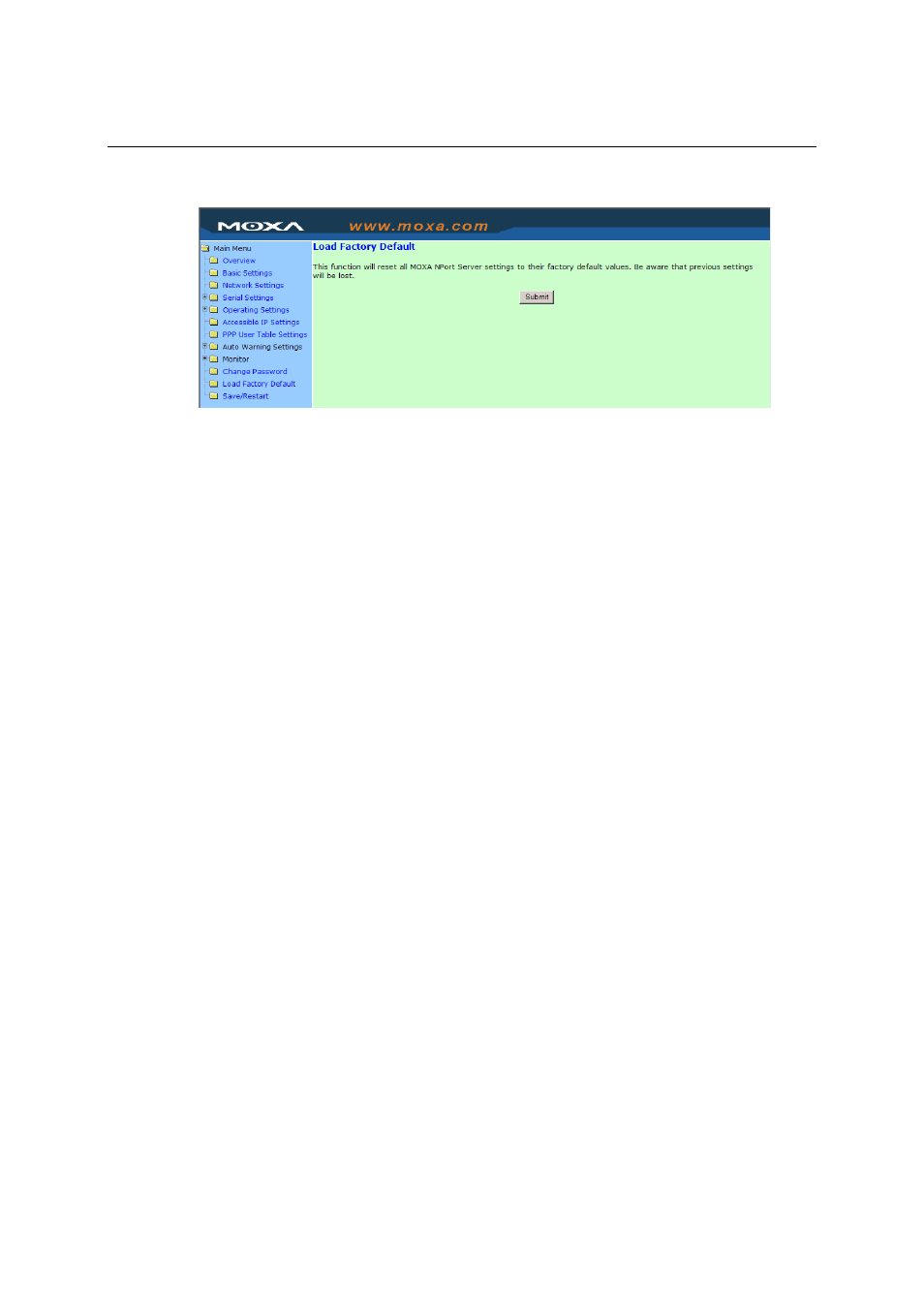 Load factory defaults, Load factory defaults -38 | Moxa Technologies NPort 5600 User Manual | Page 68 / 119