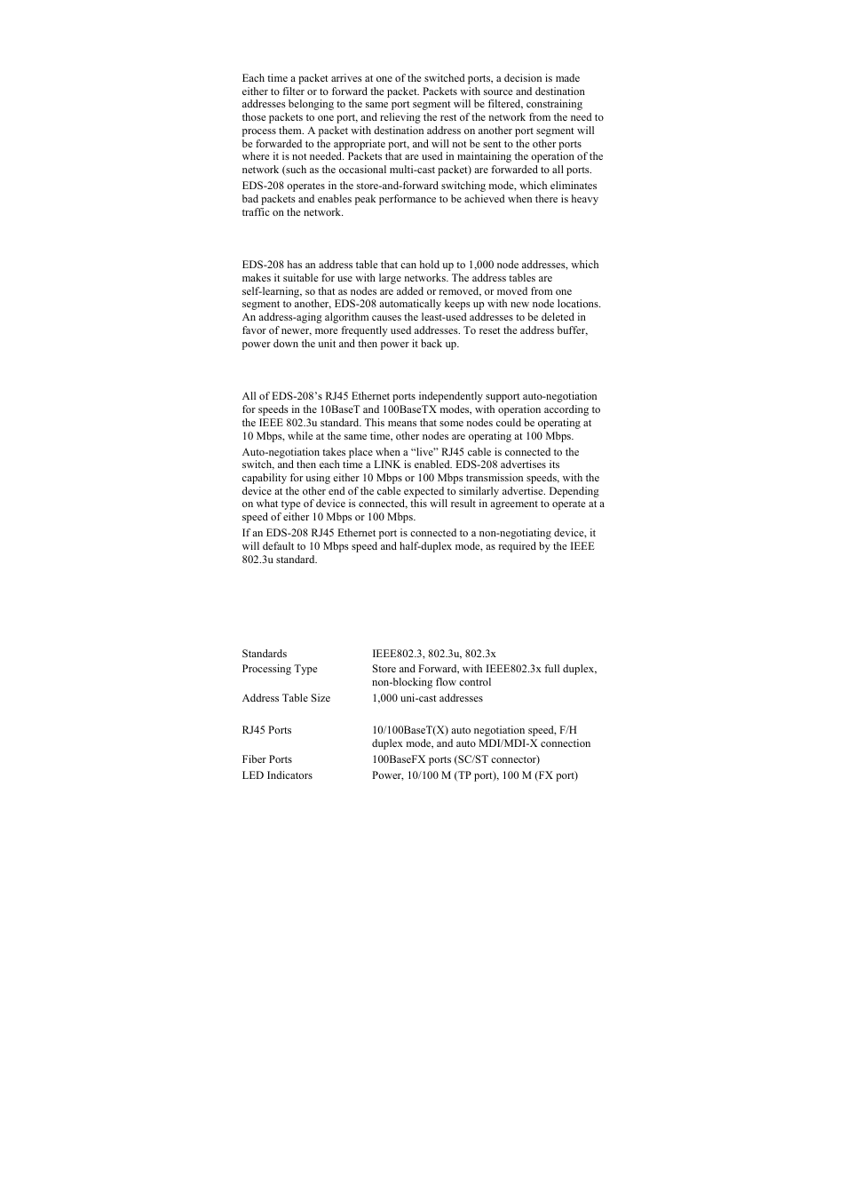 Switching, filtering, and forwarding, Switching and address learning, Auto-negotiation and speed sensing | Specifications | Moxa Technologies EDS-208-M-SC User Manual | Page 10 / 12