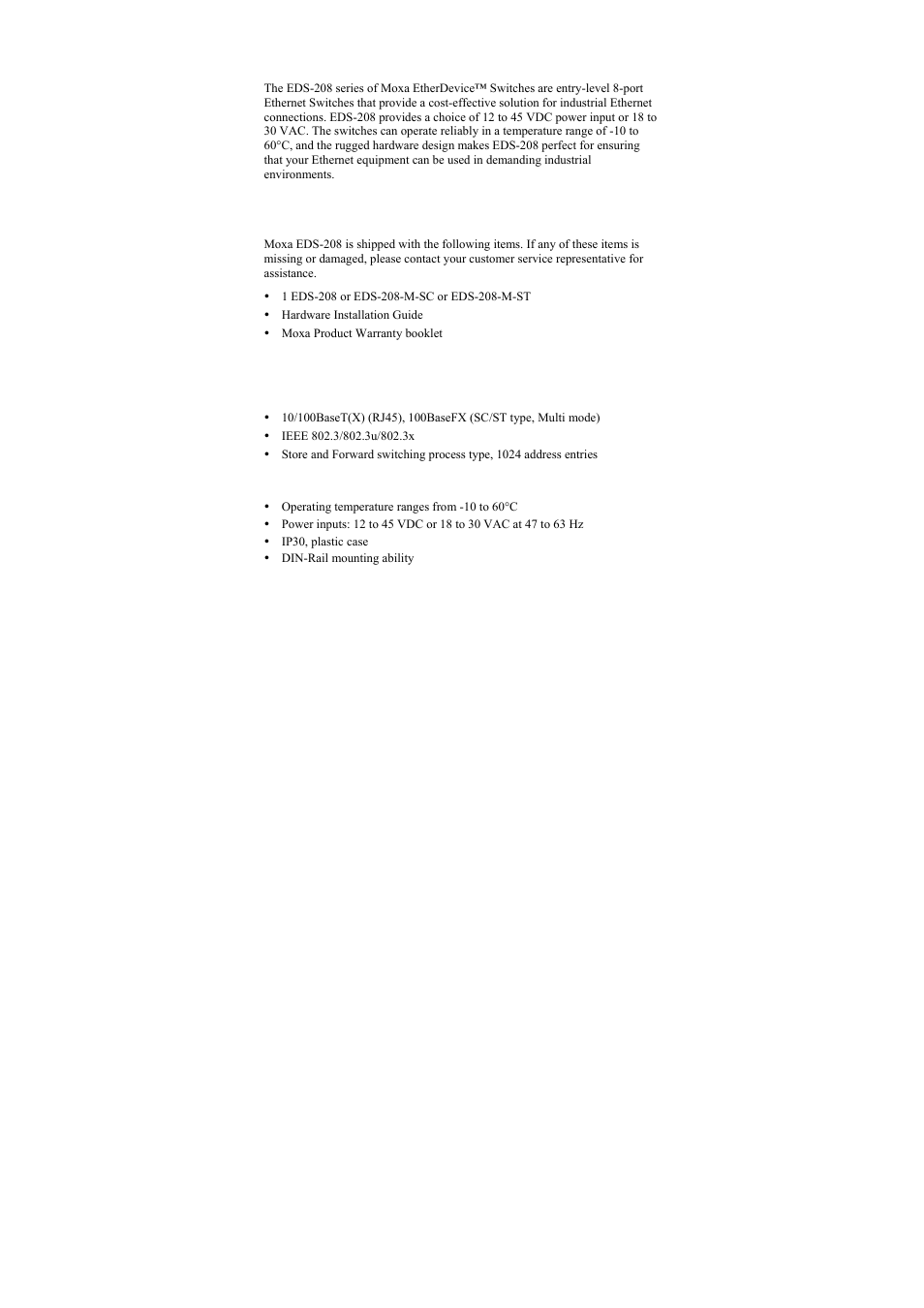 Overview, Package checklist, Features | Moxa Technologies EDS-208-M-SC User Manual | Page 2 / 12