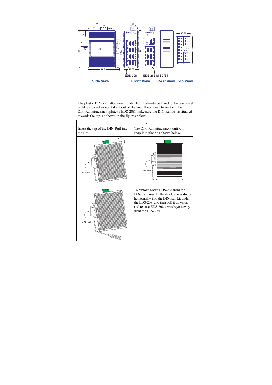 Din-rail mounting, Mounting dimensions (unit = mm), Front view | Side view rear view top view | Moxa Technologies EDS-208-M-SC User Manual | Page 5 / 12