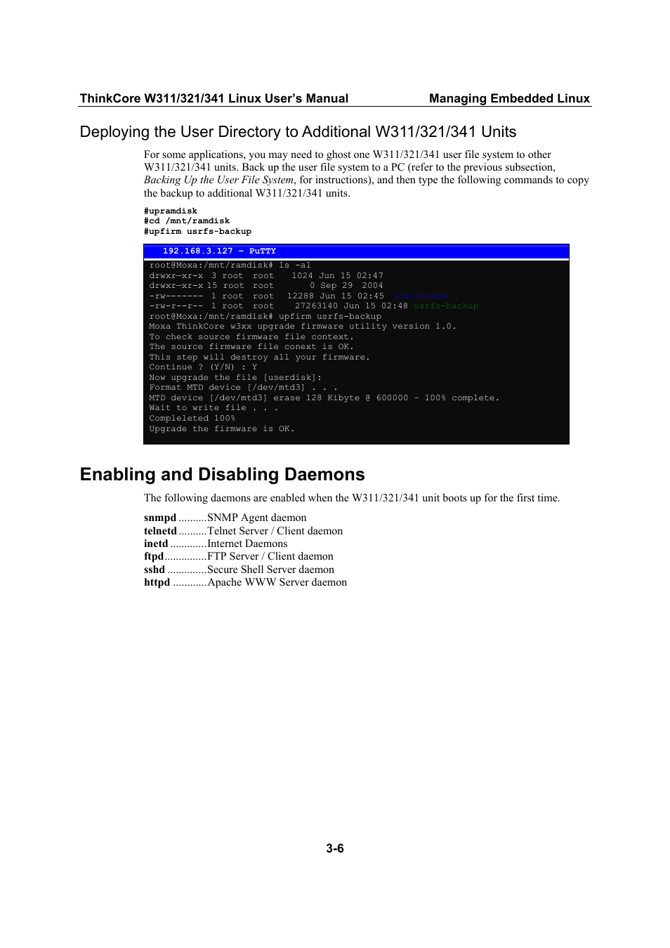 Enabling and disabling daemons, Enabling and disabling daemons -6 | Moxa Technologies THINKCORE W341 User Manual | Page 35 / 104
