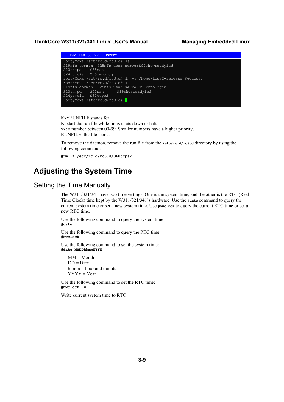 Adjusting the system time, Setting the time manually, Adjusting the system time -9 | Setting the time manually -9 | Moxa Technologies THINKCORE W341 User Manual | Page 38 / 104