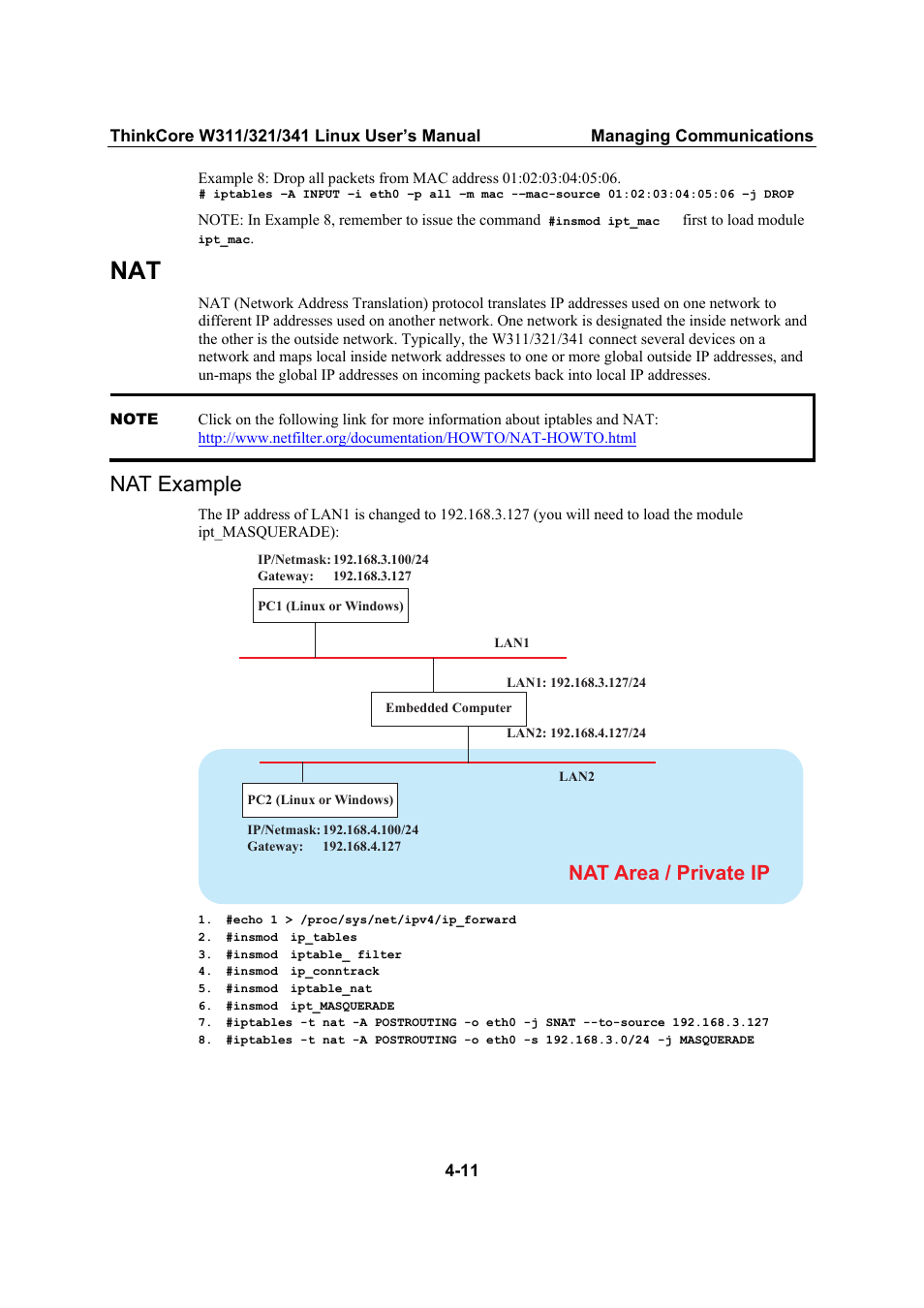 Nat example, Nat -11, Nat example -11 | Nat area / private ip | Moxa Technologies THINKCORE W341 User Manual | Page 51 / 104