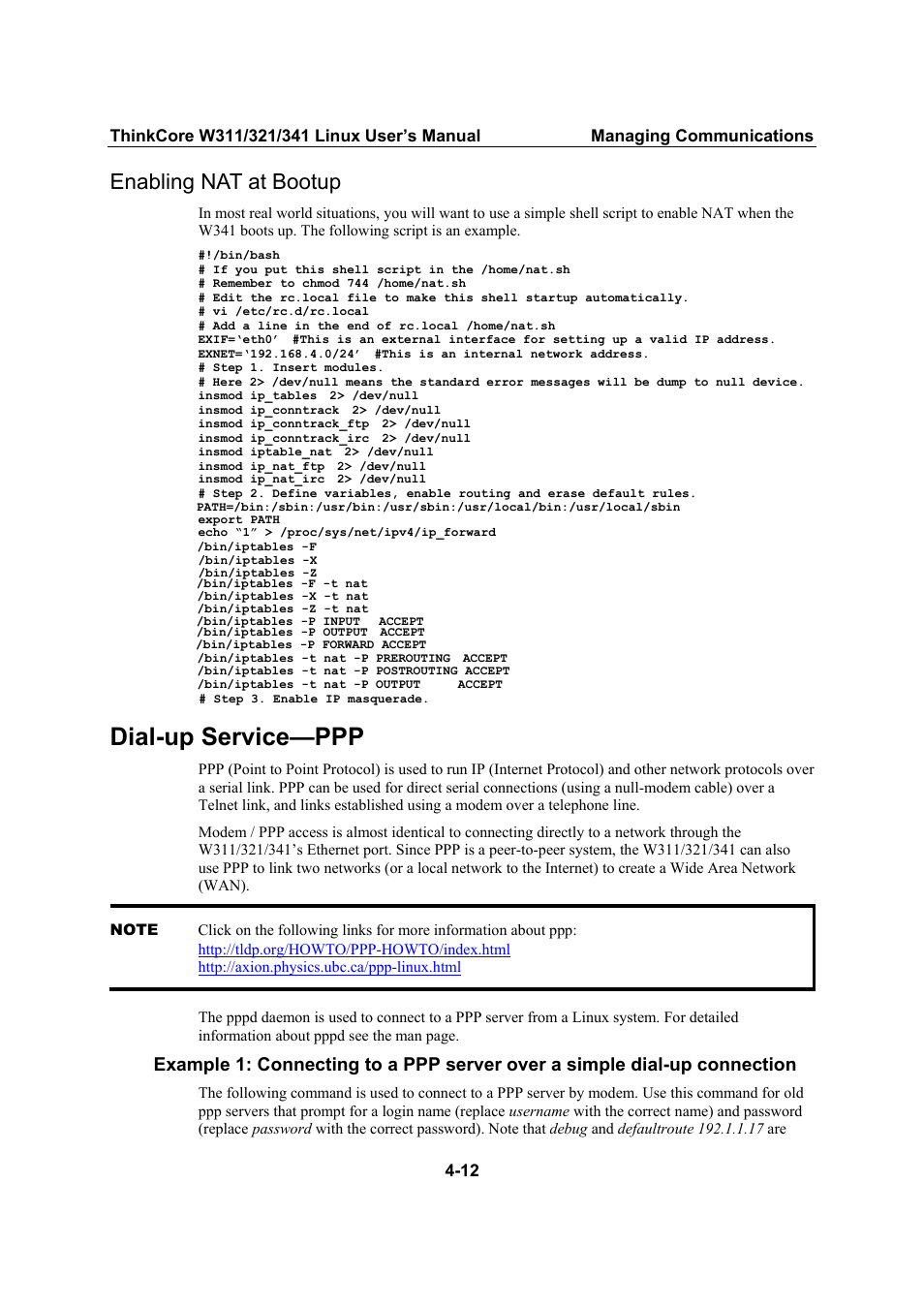 Enabling nat at bootup, Dial-up service—ppp, Enabling nat at bootup -12 | Dial-up service—ppp -12 | Moxa Technologies THINKCORE W341 User Manual | Page 52 / 104