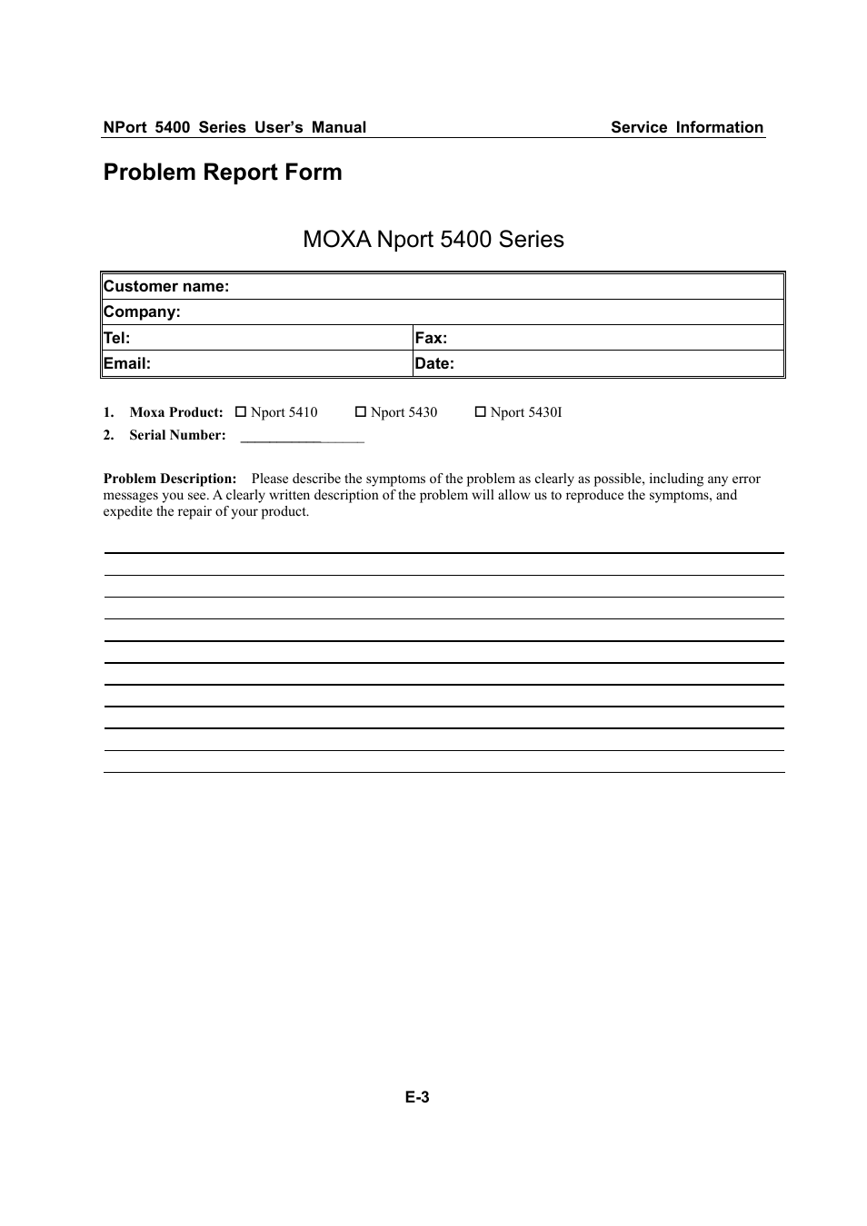 Problem report form, Problem report form moxa nport 5400 series | Moxa Technologies NPort 5400 User Manual | Page 101 / 102