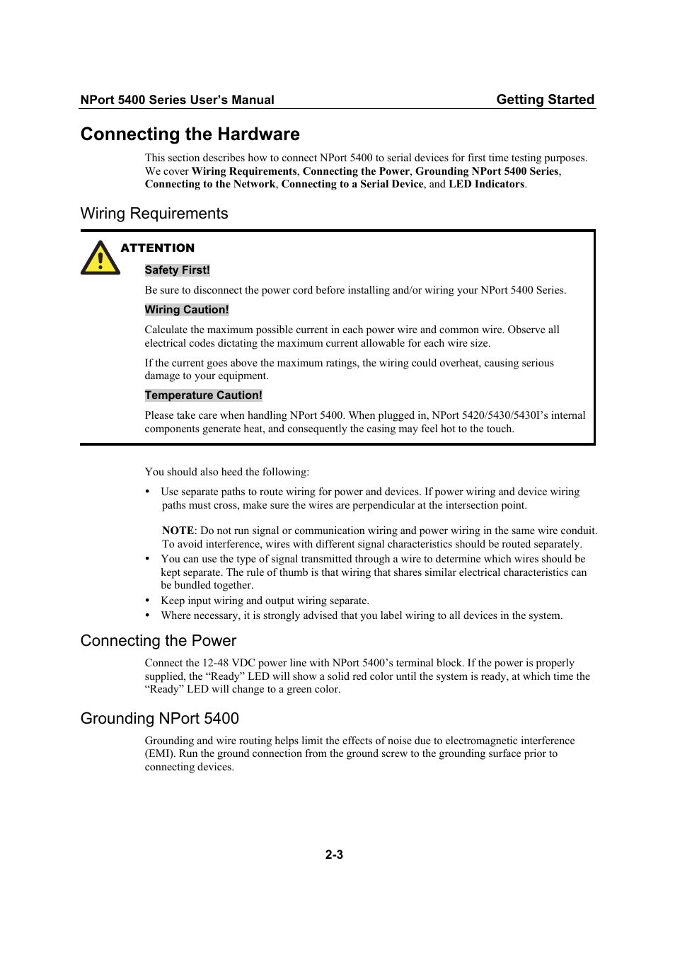 Connecting the hardware, Wiring requirements, Connecting the power | Grounding nport 5400, Wiring requirements -3, Connecting the power -3, Grounding nport 5400 -3 | Moxa Technologies NPort 5400 User Manual | Page 11 / 102