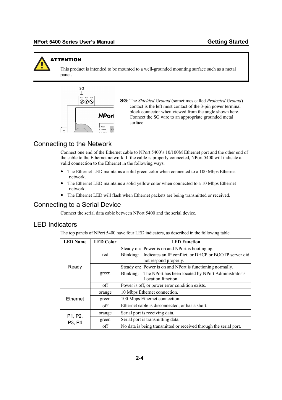 Connecting to the network, Connecting to a serial device, Led indicators | Connecting to the network -4, Connecting to a serial device -4, Led indicators -4 | Moxa Technologies NPort 5400 User Manual | Page 12 / 102