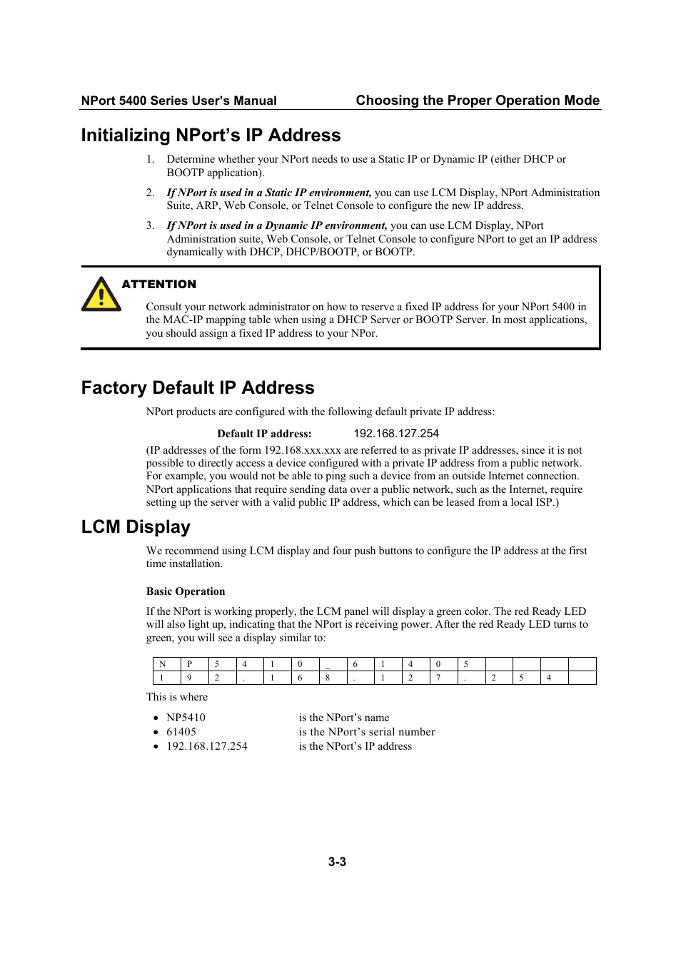 Initializing nport’s ip address, Factory default ip address, Lcm display | Moxa Technologies NPort 5400 User Manual | Page 14 / 102