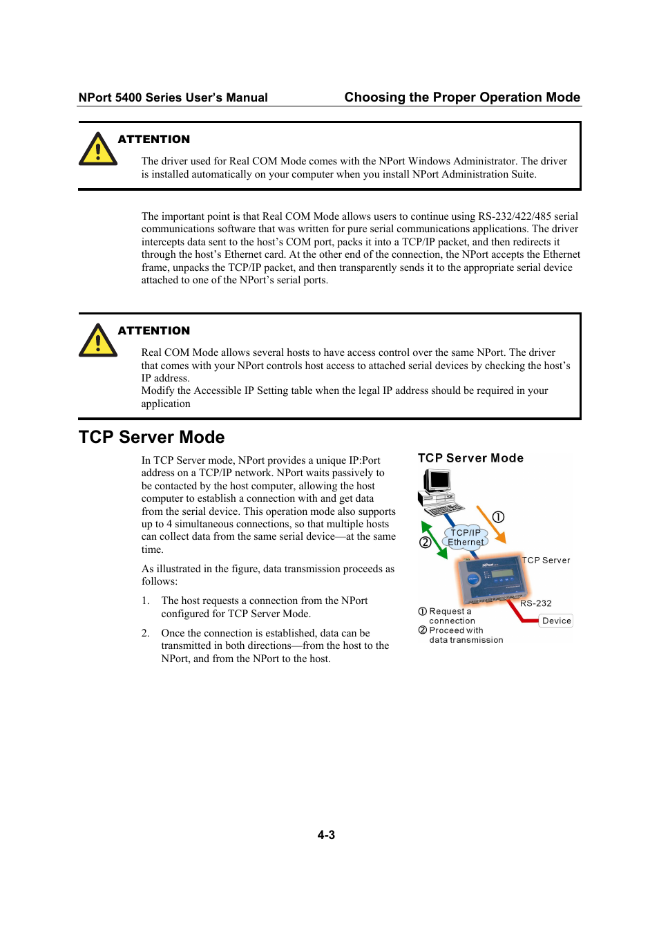Tcp server mode | Moxa Technologies NPort 5400 User Manual | Page 23 / 102