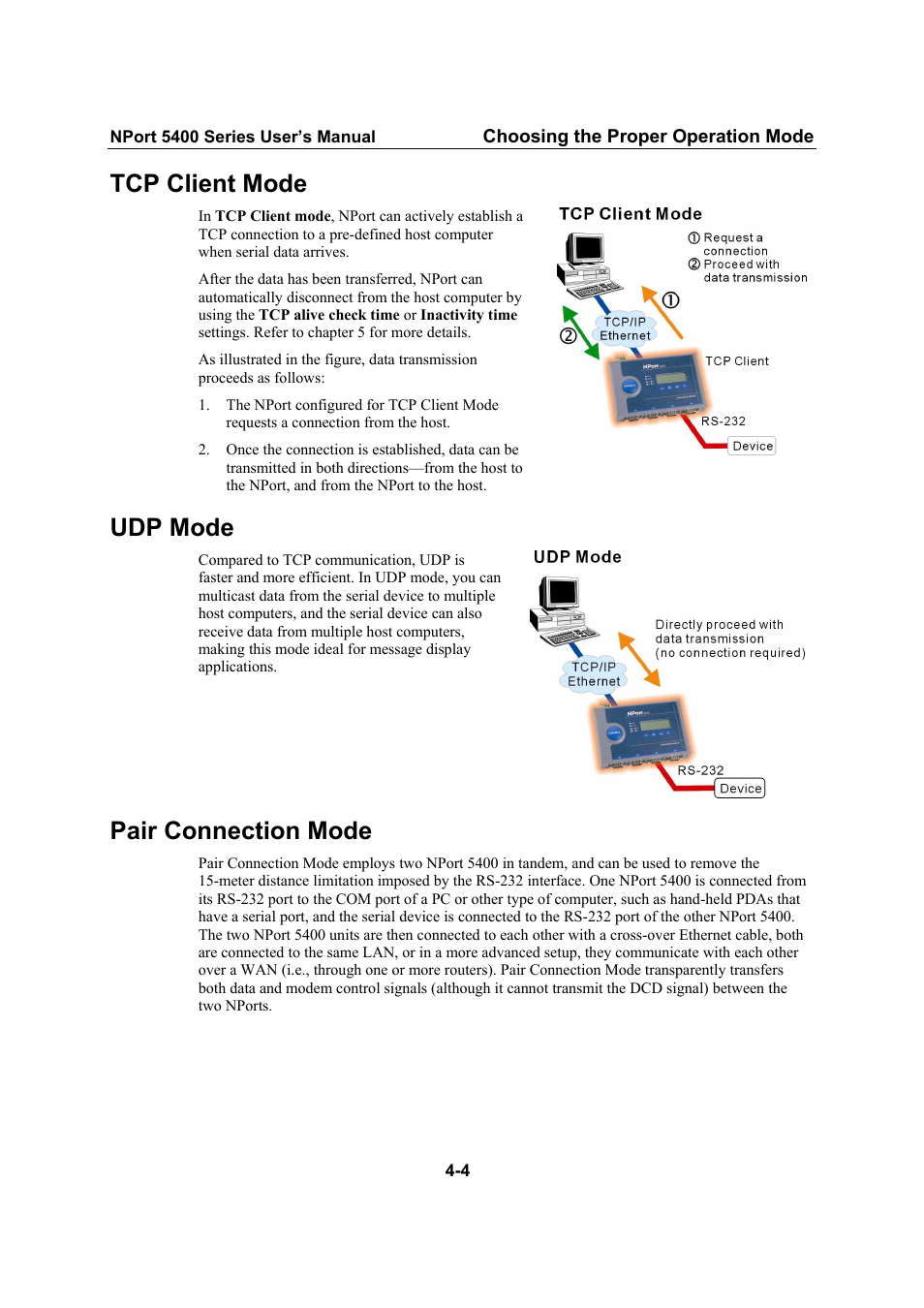 Tcp client mode, Udp mode, Pair connection mode | Moxa Technologies NPort 5400 User Manual | Page 24 / 102