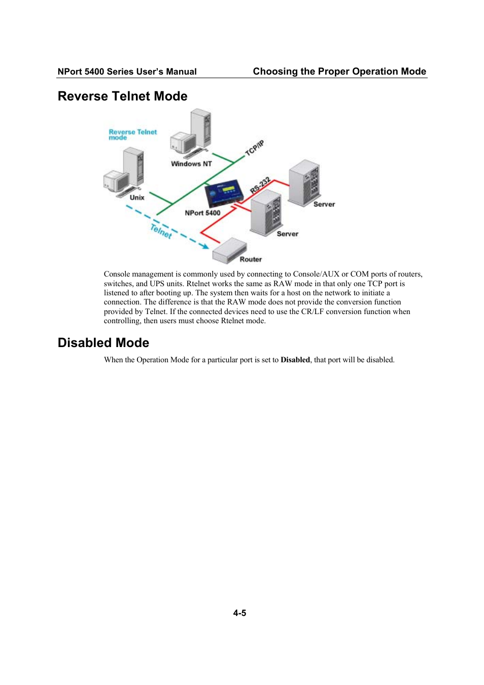 Reverse telnet mode, Disabled mode | Moxa Technologies NPort 5400 User Manual | Page 25 / 102