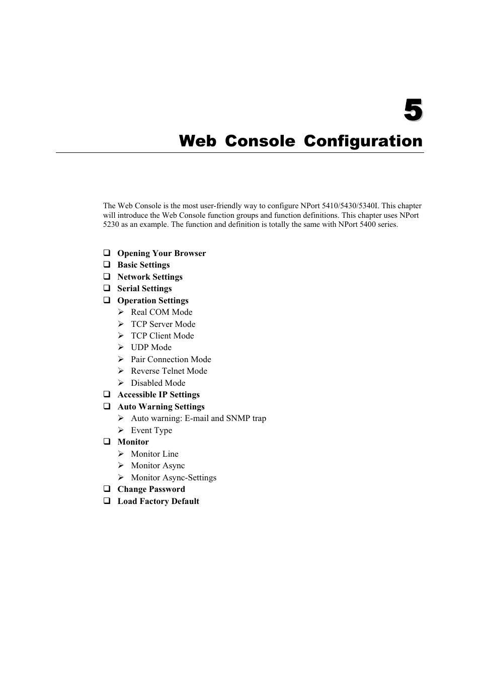Web console configuration, Chapter 5, Web console configuration -1 | Moxa Technologies NPort 5400 User Manual | Page 26 / 102