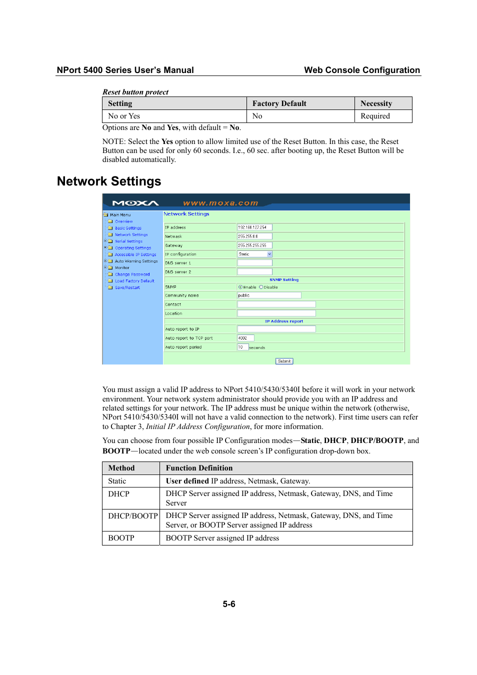 Network settings | Moxa Technologies NPort 5400 User Manual | Page 31 / 102