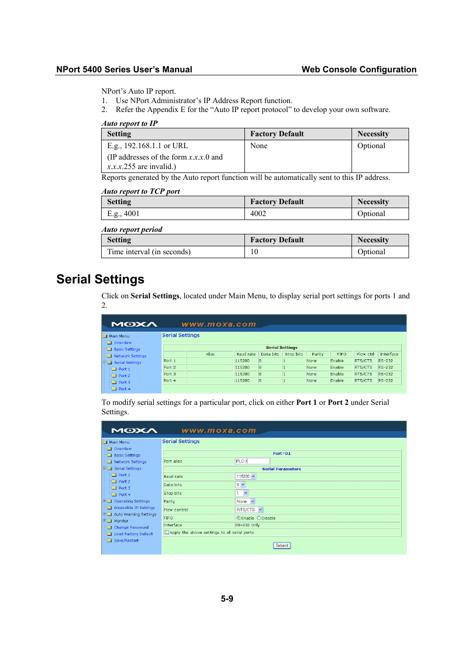 Serial settings | Moxa Technologies NPort 5400 User Manual | Page 34 / 102