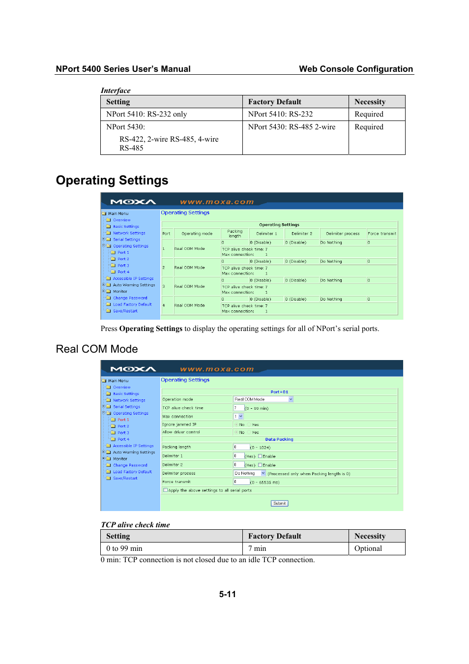 Operating settings, Real com mode, Real com mode -11 | Moxa Technologies NPort 5400 User Manual | Page 36 / 102