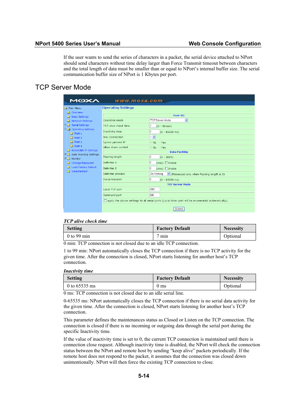 Tcp server mode, Tcp server mode -14 | Moxa Technologies NPort 5400 User Manual | Page 39 / 102