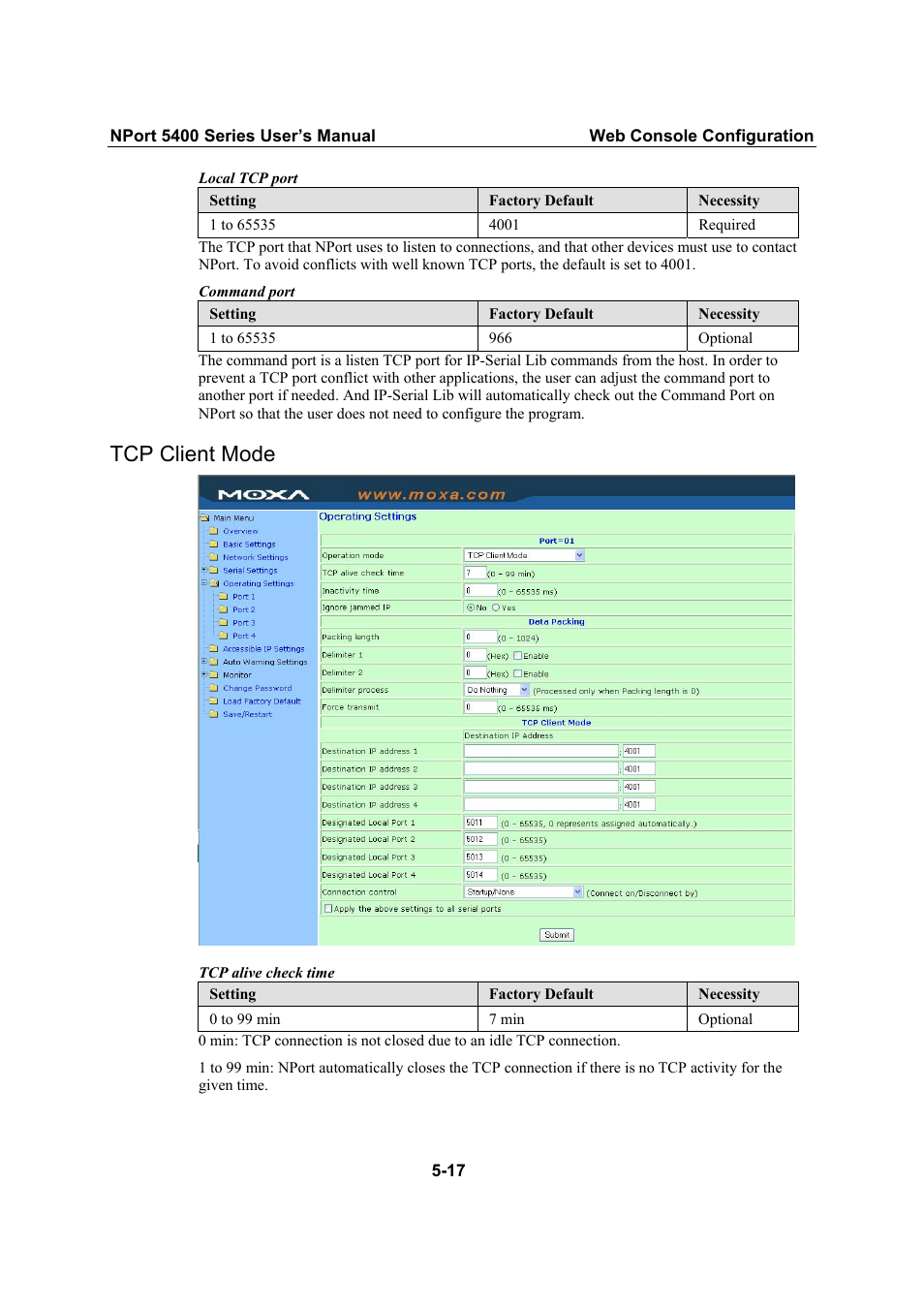 Tcp client mode, Tcp client mode -17 | Moxa Technologies NPort 5400 User Manual | Page 42 / 102