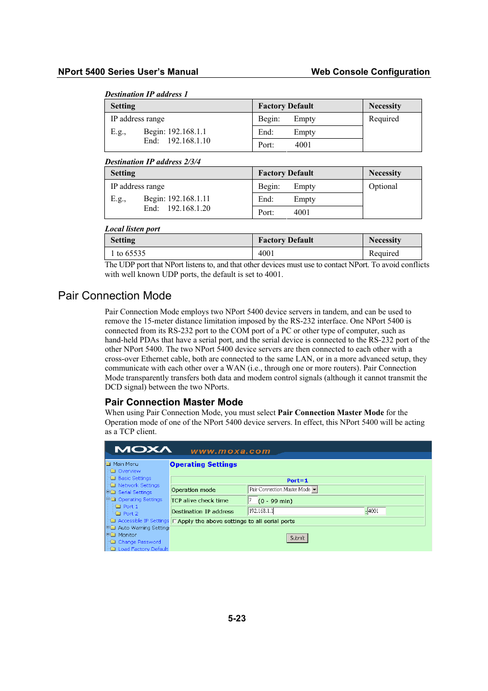 Pair connection mode, Pair connection mode -23 | Moxa Technologies NPort 5400 User Manual | Page 48 / 102