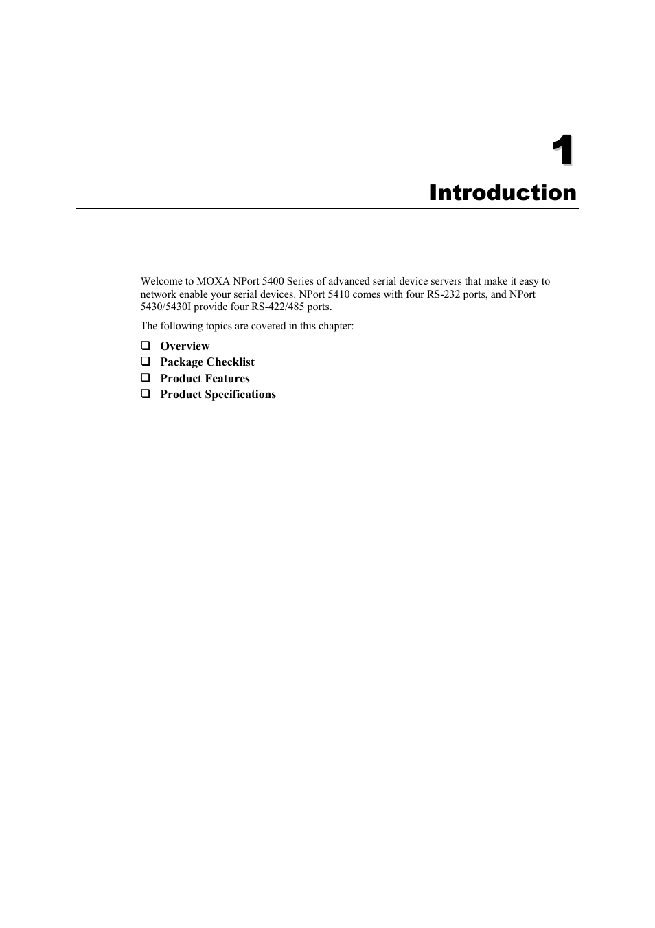 Introduction, Chapter 1, Introduction -1 | Moxa Technologies NPort 5400 User Manual | Page 5 / 102