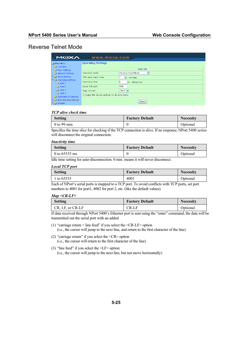 Reverse telnet mode, Reverse telnet mode -25 | Moxa Technologies NPort 5400 User Manual | Page 50 / 102