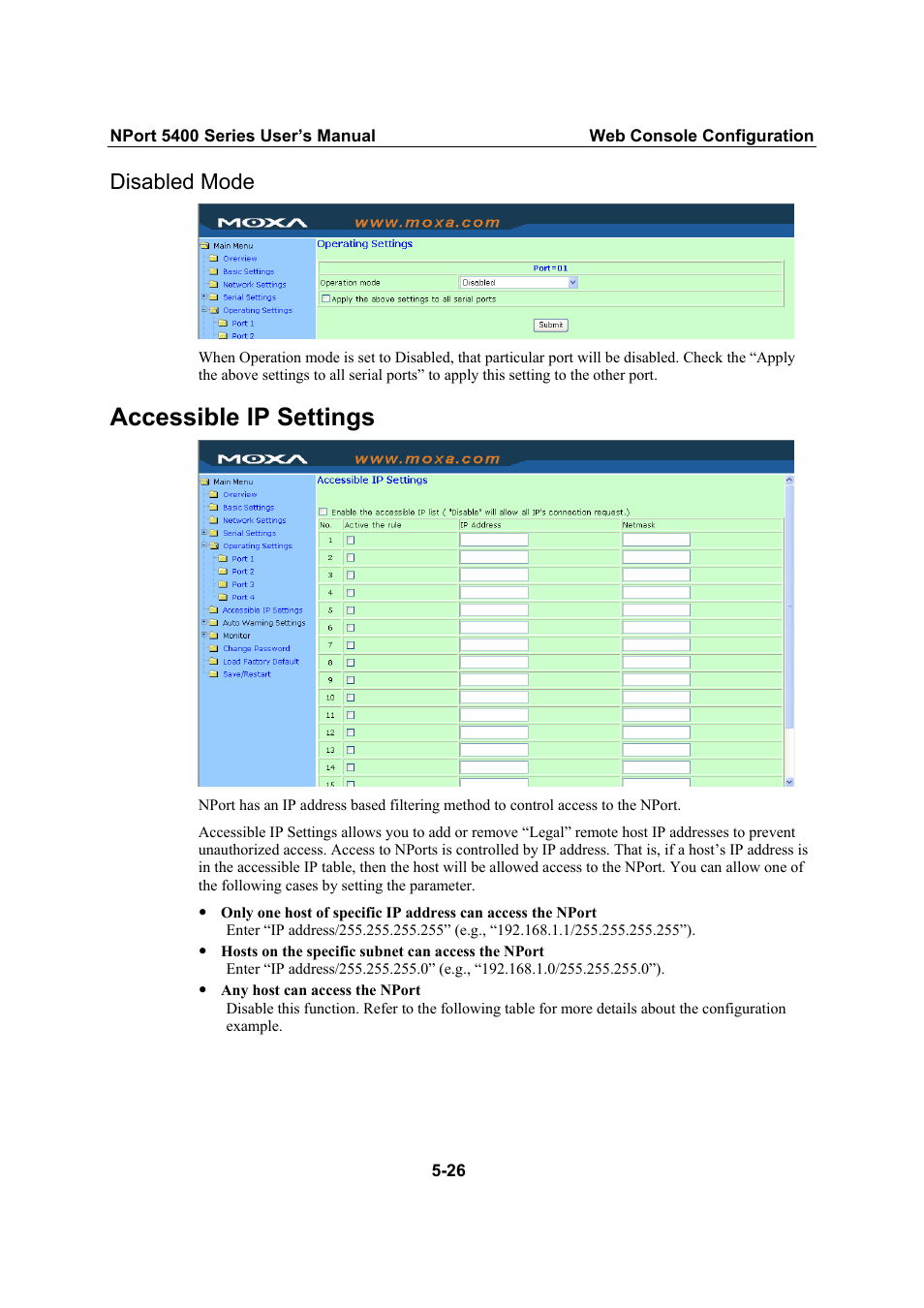 Disabled mode, Accessible ip settings, Disabled mode -26 | Moxa Technologies NPort 5400 User Manual | Page 51 / 102