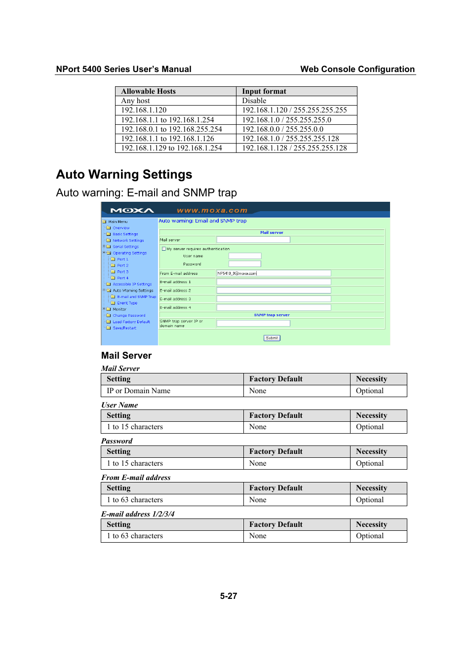 Auto warning settings, Auto warning: e-mail and snmp trap, Auto warning: e-mail and snmp trap -27 | Moxa Technologies NPort 5400 User Manual | Page 52 / 102