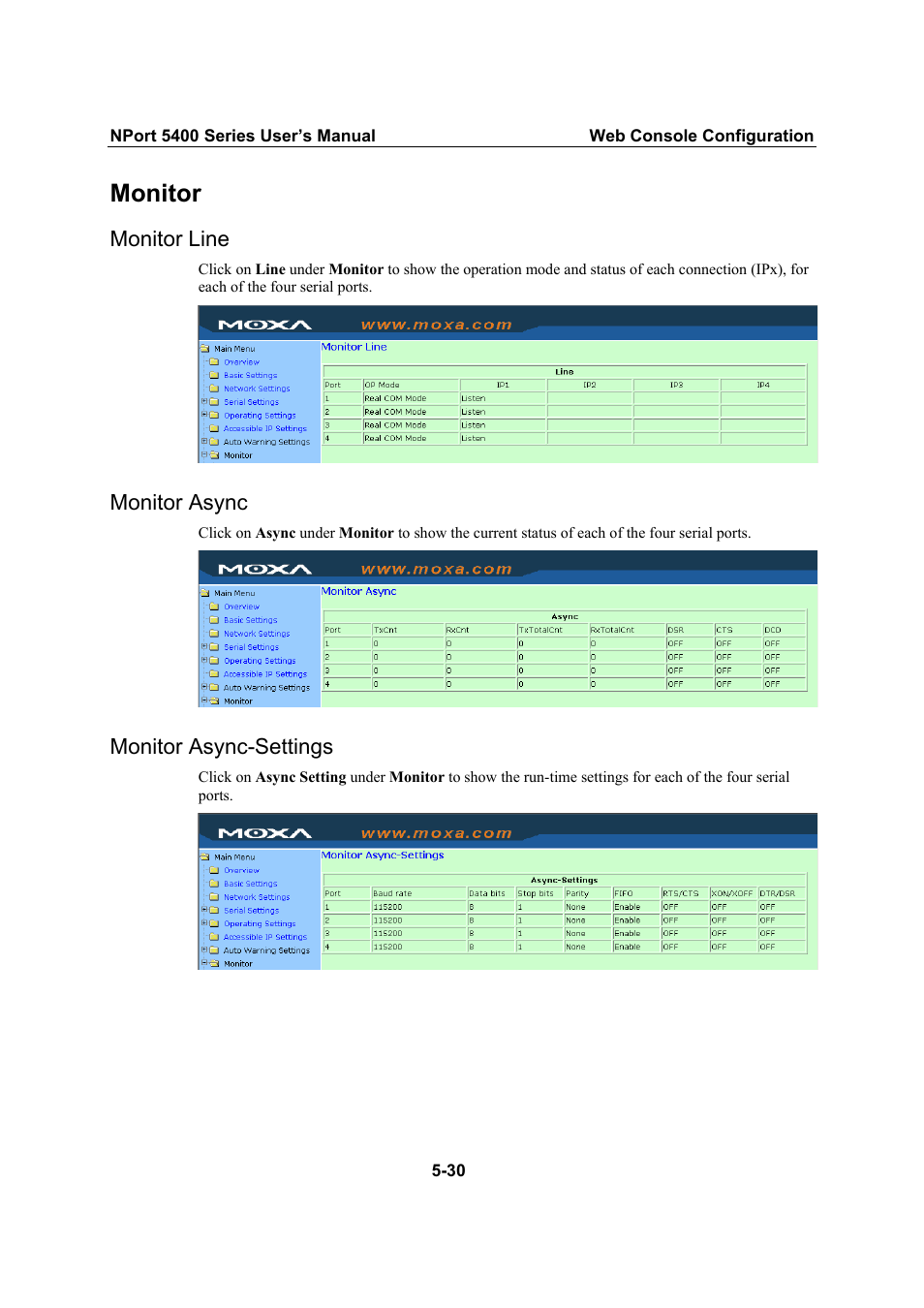 Monitor, Monitor line, Monitor async | Monitor async-settings, Monitor line -30, Monitor async -30, Monitor async-settings -30 | Moxa Technologies NPort 5400 User Manual | Page 55 / 102