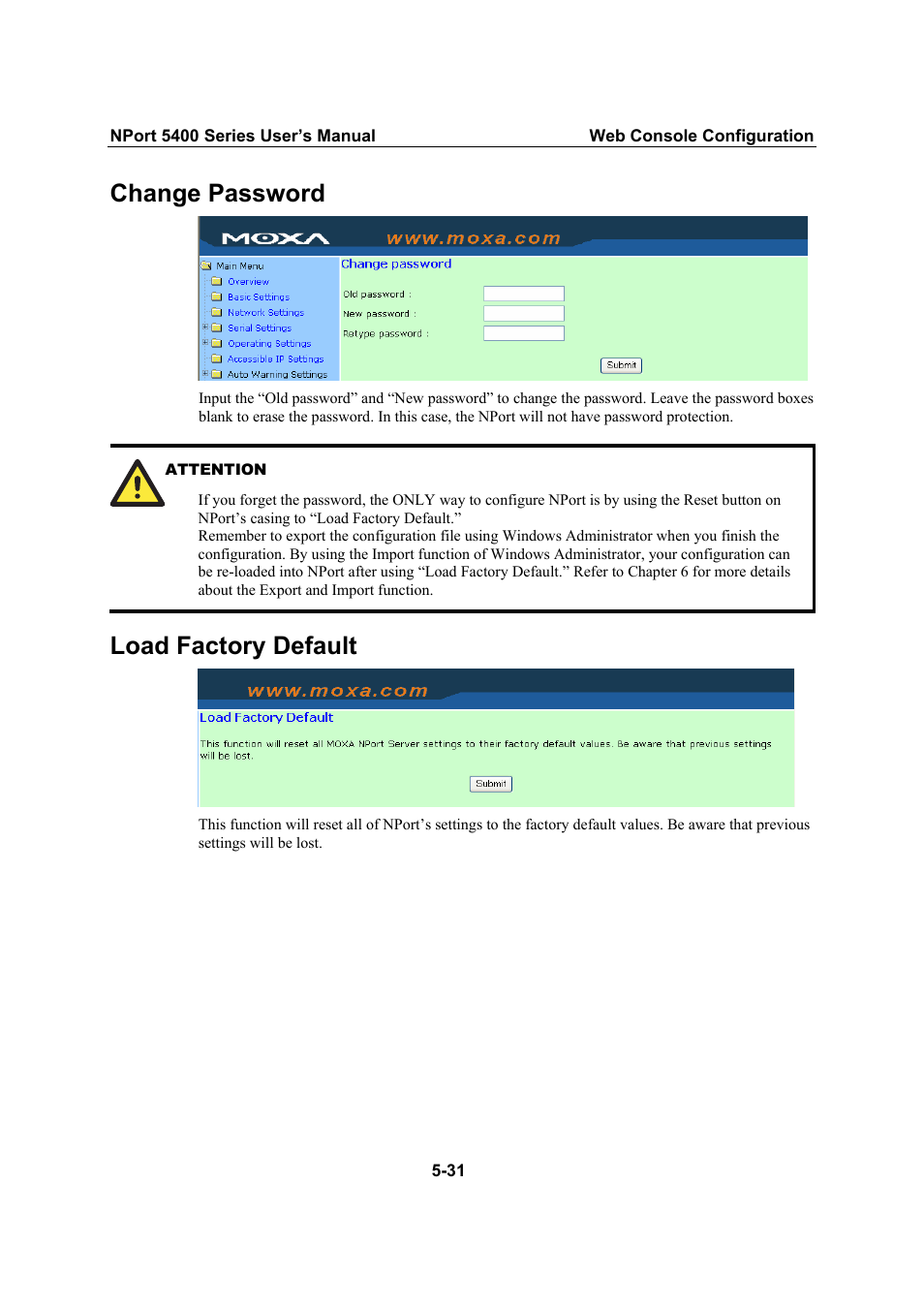 Change password, Load factory default | Moxa Technologies NPort 5400 User Manual | Page 56 / 102