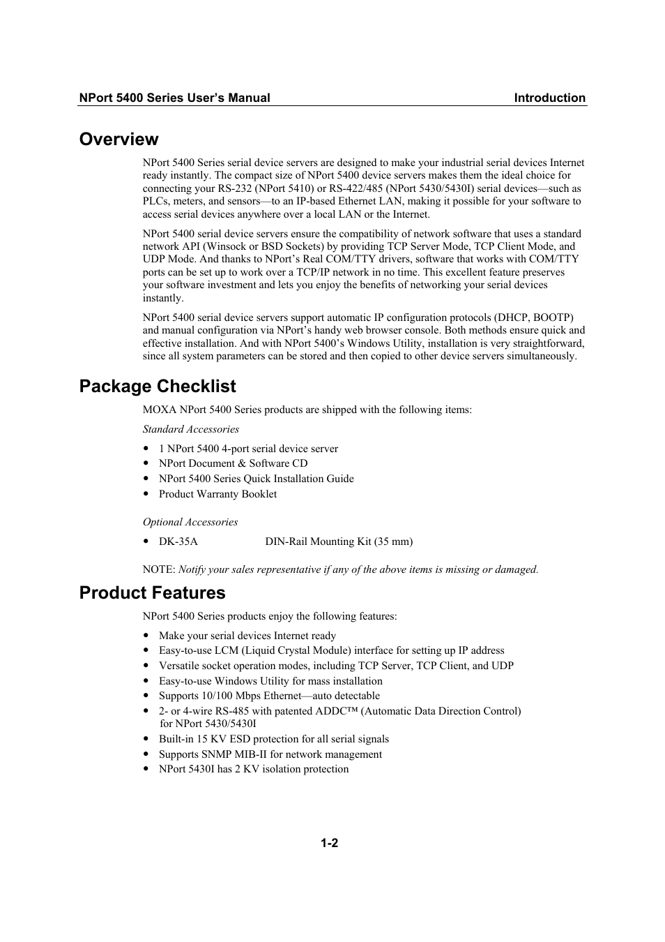 Overview, Package checklist, Product features | Moxa Technologies NPort 5400 User Manual | Page 6 / 102