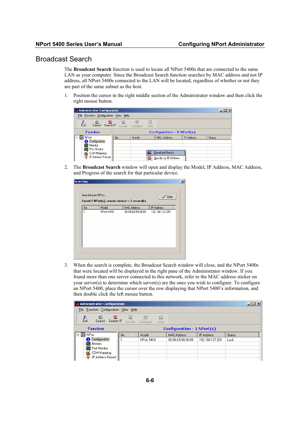Broadcast search, Broadcast search -6 | Moxa Technologies NPort 5400 User Manual | Page 62 / 102